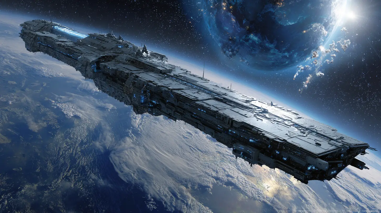 Gigantic horseshoe warship firing a planet killing beam