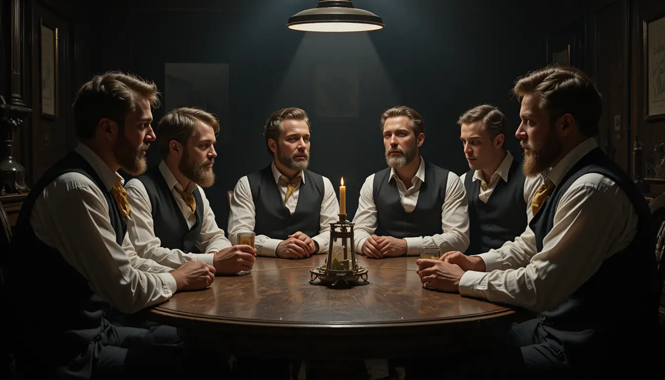 Men in period clothing talking around a candlelit table