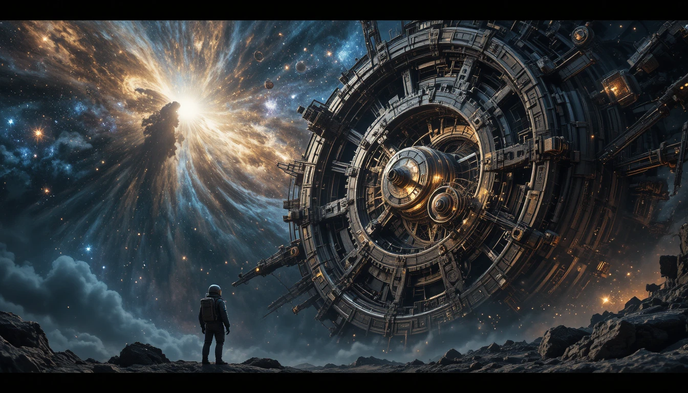 Astronaut Watching A Celestial Clockwork Galaxy Form