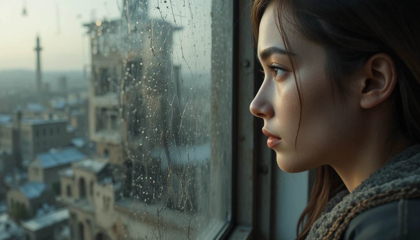 Young woman at spaceship window in soft sorrowful profile