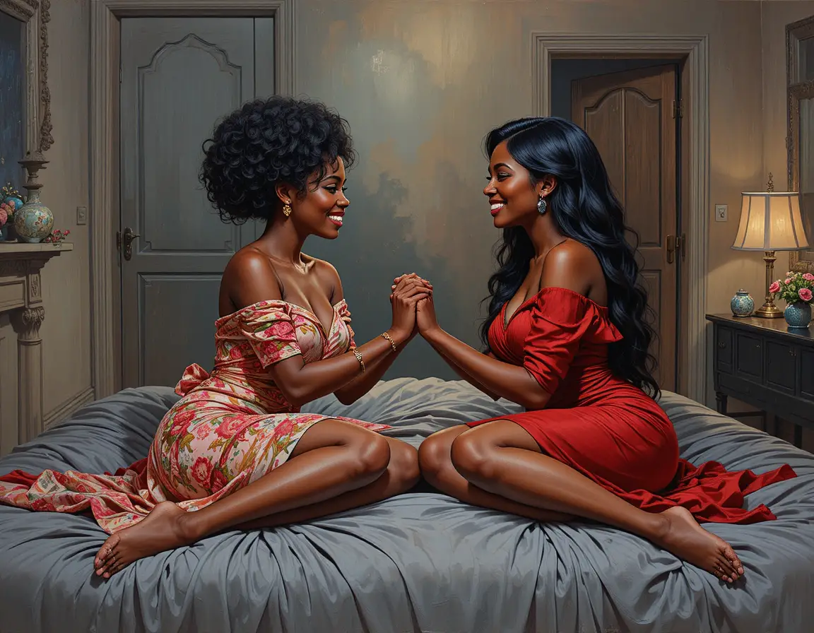 Two women holding hands on a bed in a cozy bedroom