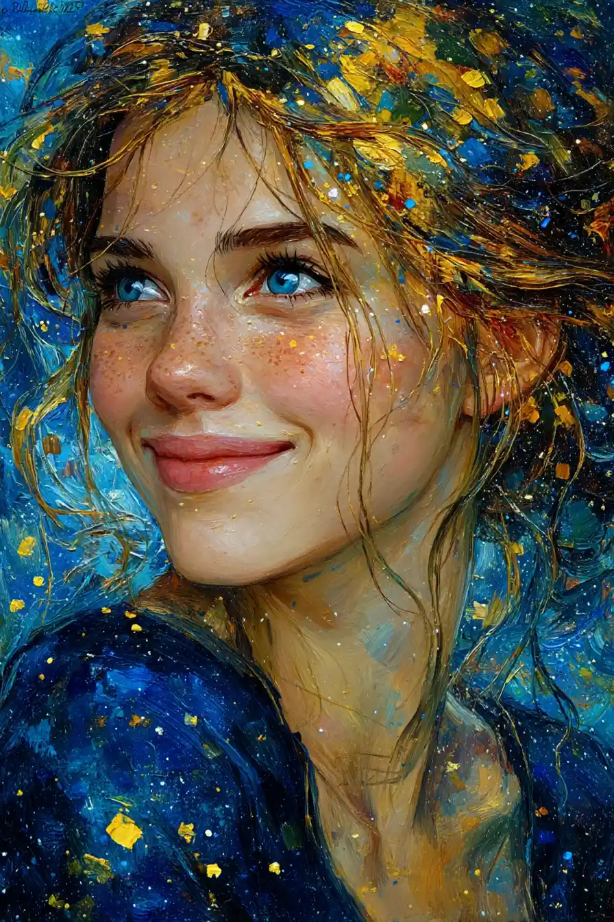 Surreal close up portrait of a smiling woman with starry eyes