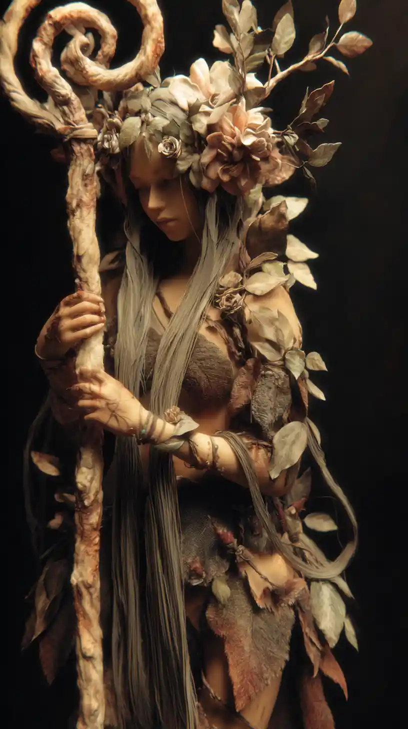 Forest nymph holding a glowing staff in the dark night