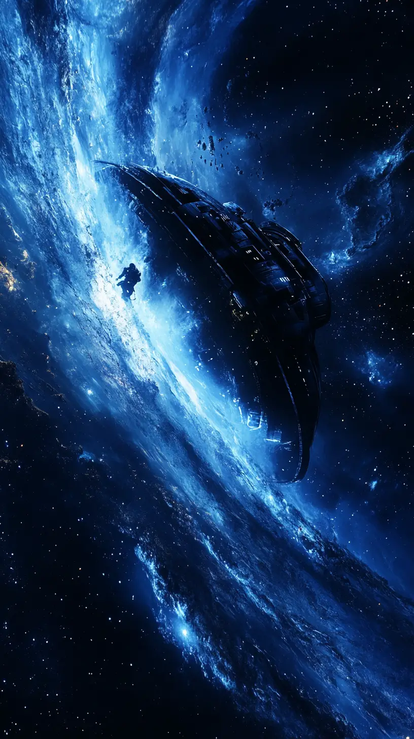 Lone Astronaut Drifting Beside A Worn Spaceship In Space