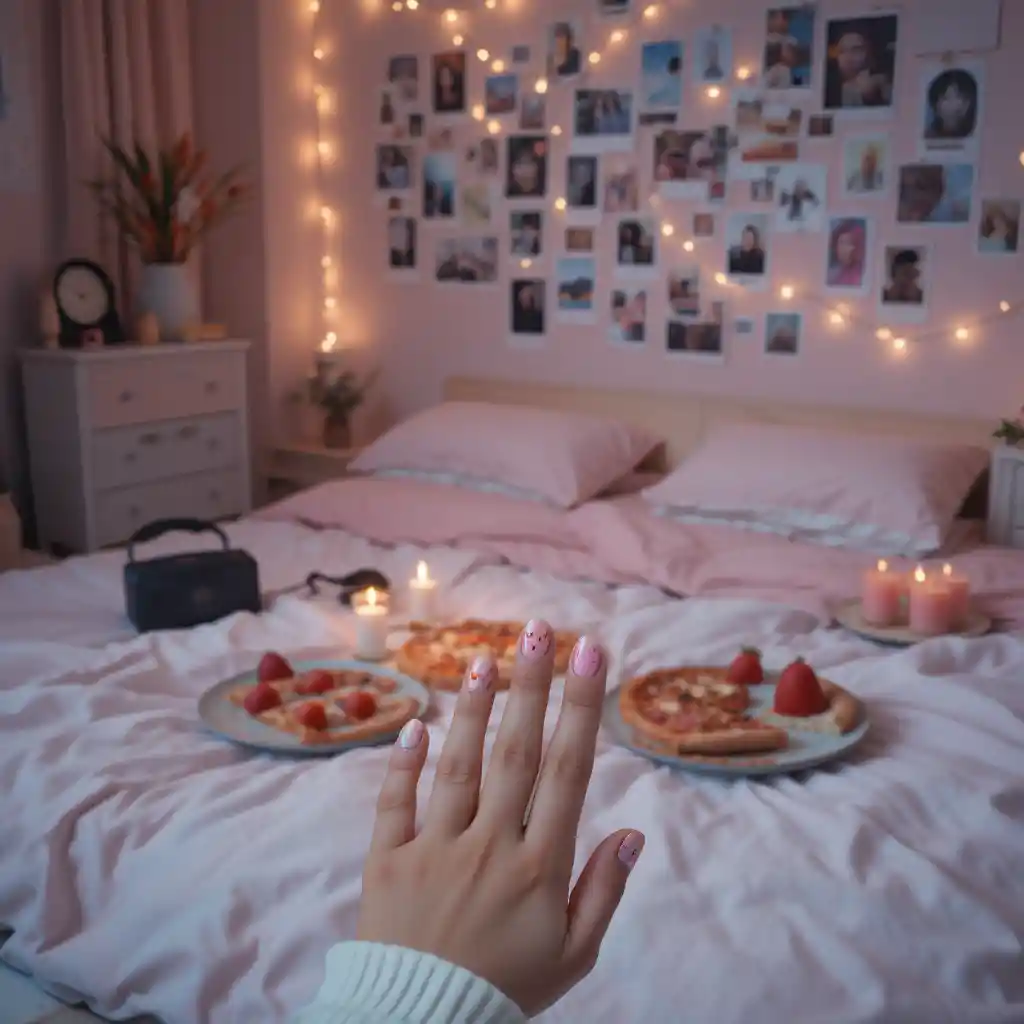 Cozy valentine bedroom with close up of pastel nail art