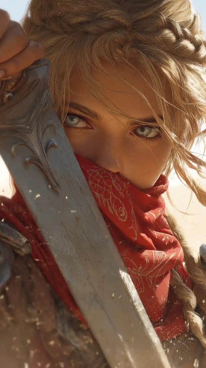 Young desert warrior girl with sword at golden hour