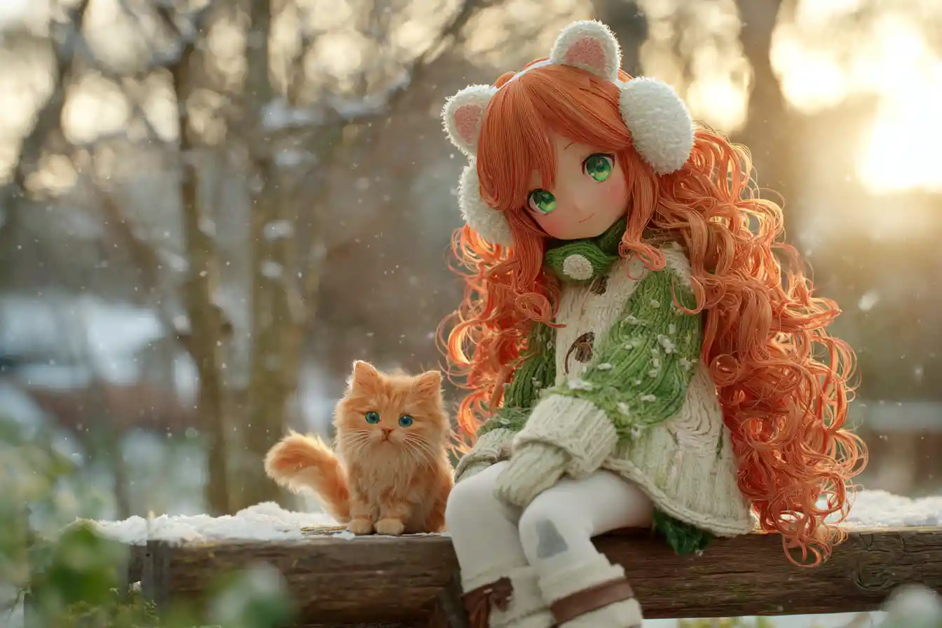 Chica de anime pelirroja abrazando a un gatito en un jardín nevado