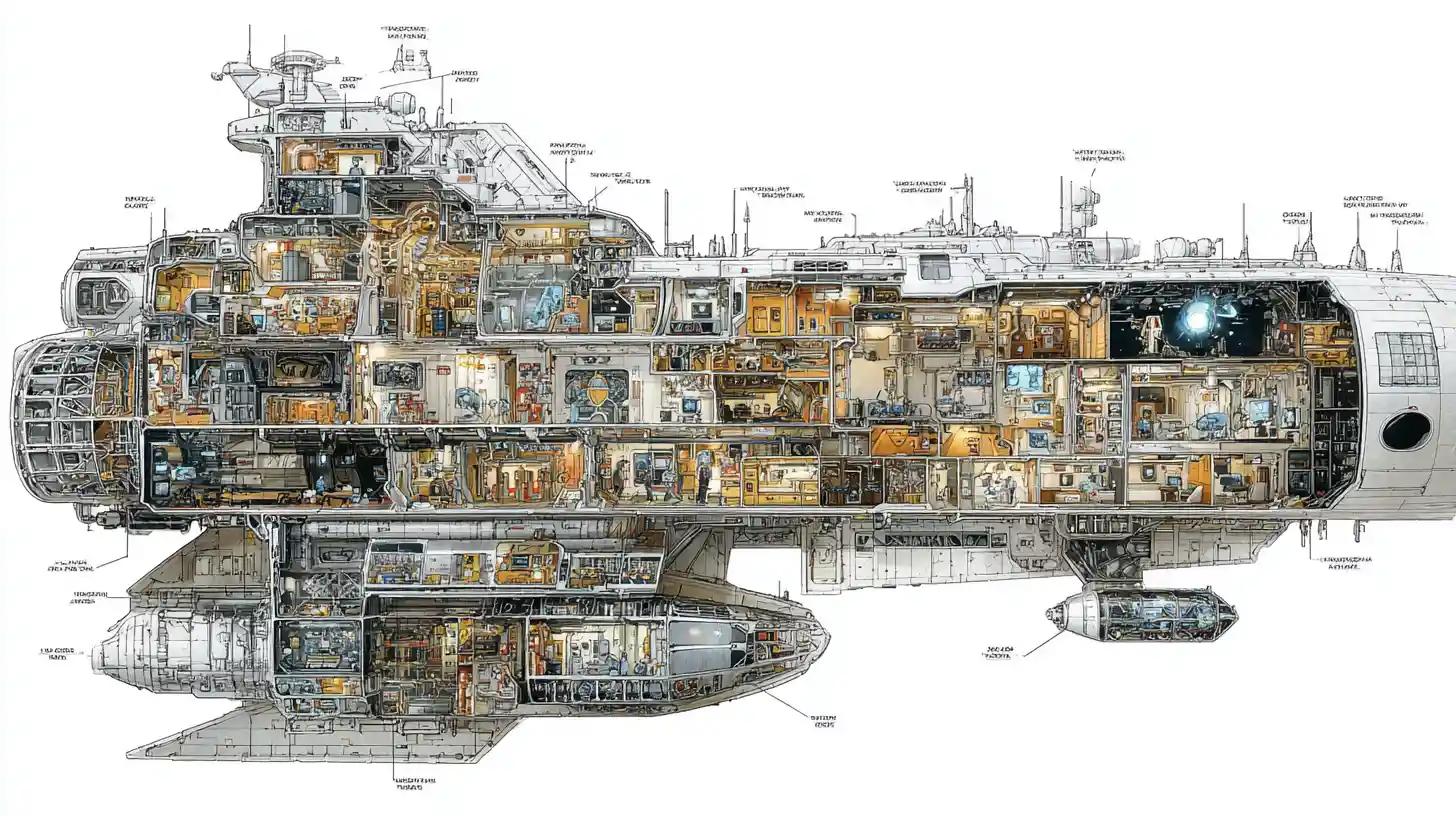 Gigantic spaceship cross section with decks and living quarters