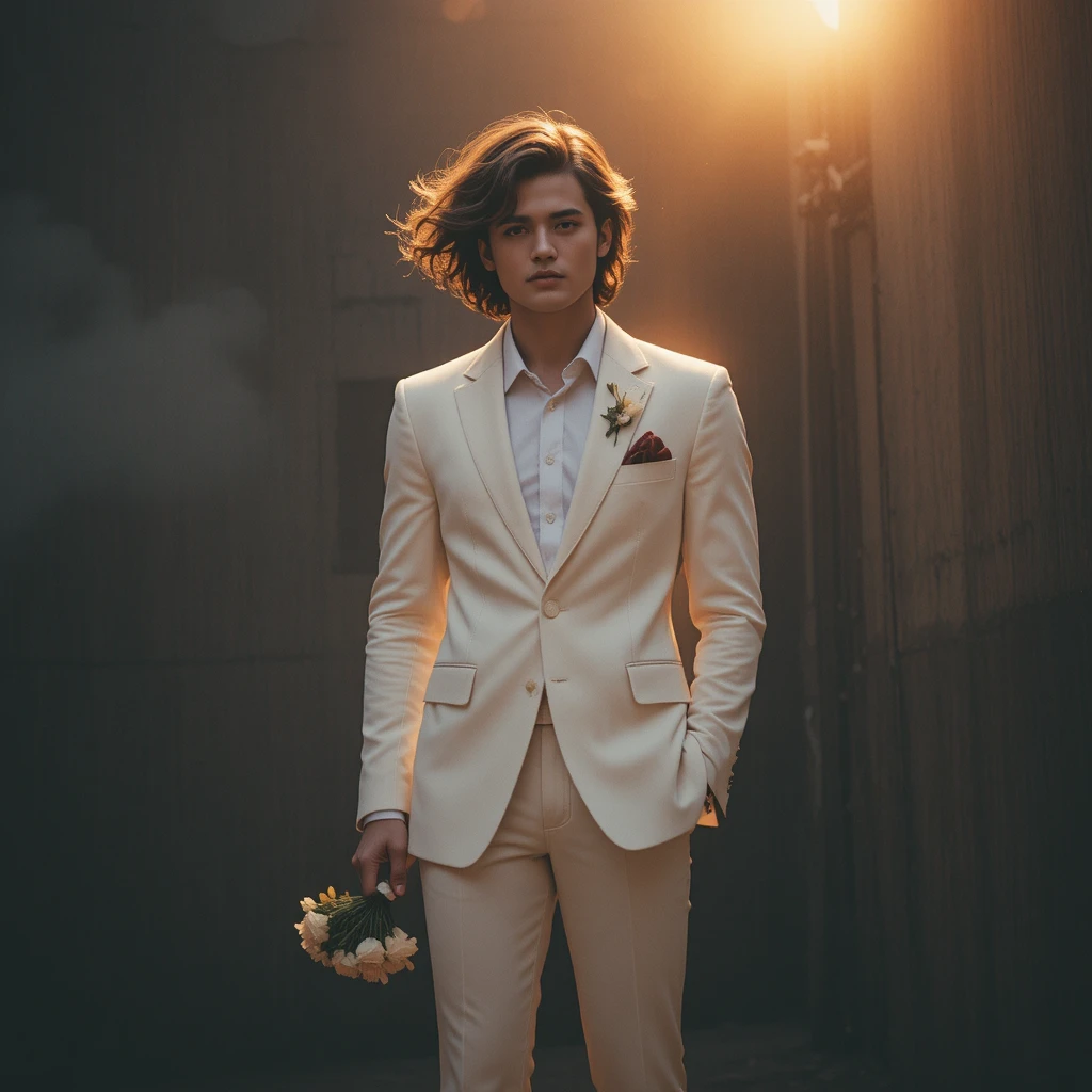 Man In White Suit With Flowers In Golden Hour Glow