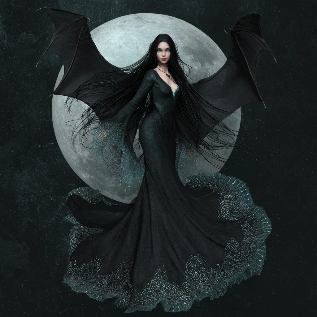 Vampiric goddess flying before a luminous silvery moon