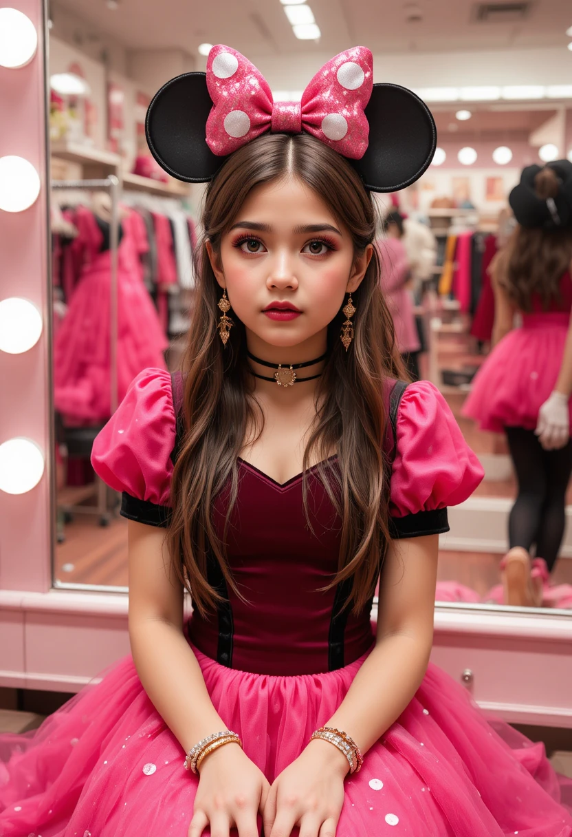 Niño preadolescente nervioso con vestido rosa de Minnie frente al tocador