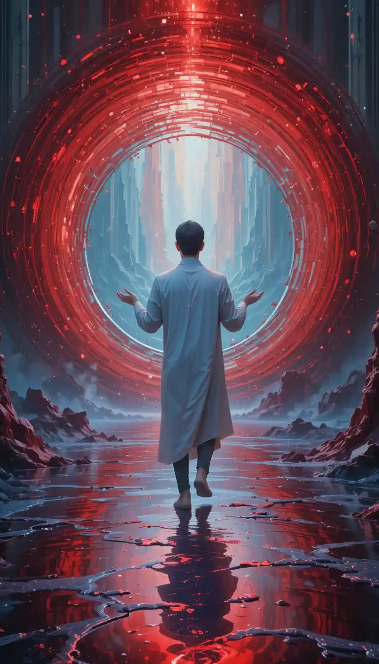 Spiritual mentor with closed eyes before glowing red portal