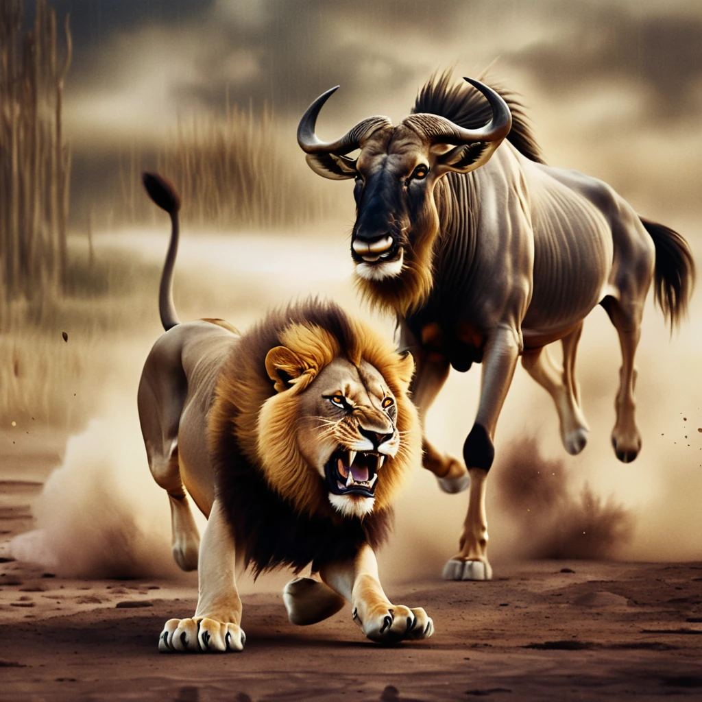 León embistiendo y persiguiendo a un ñu por la sabana polvorienta