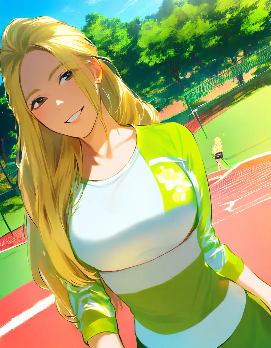 Blonde girl smashing a tennis ball on clay court