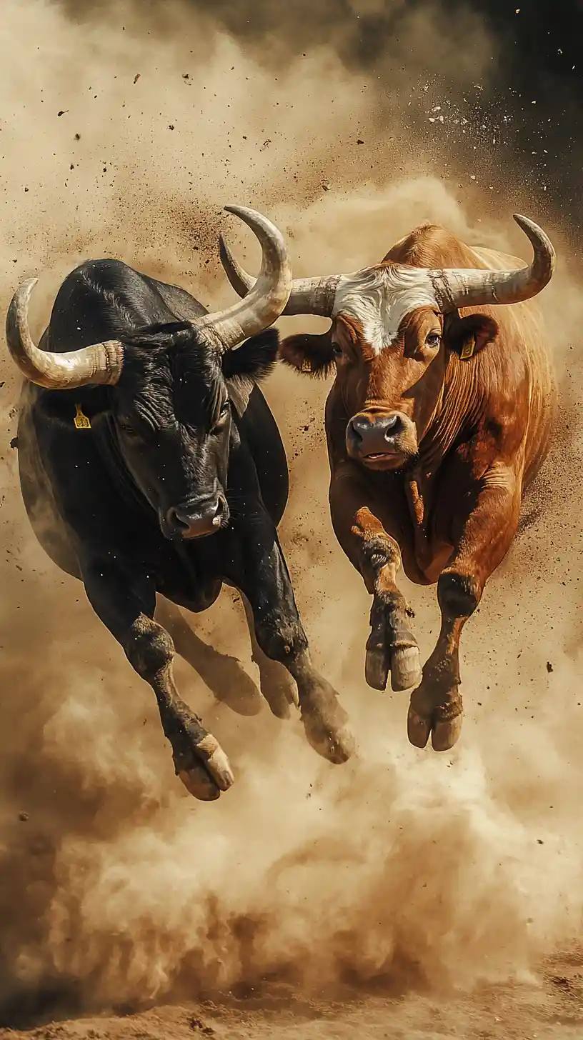 Two powerful bulls collide mid air in swirling dust