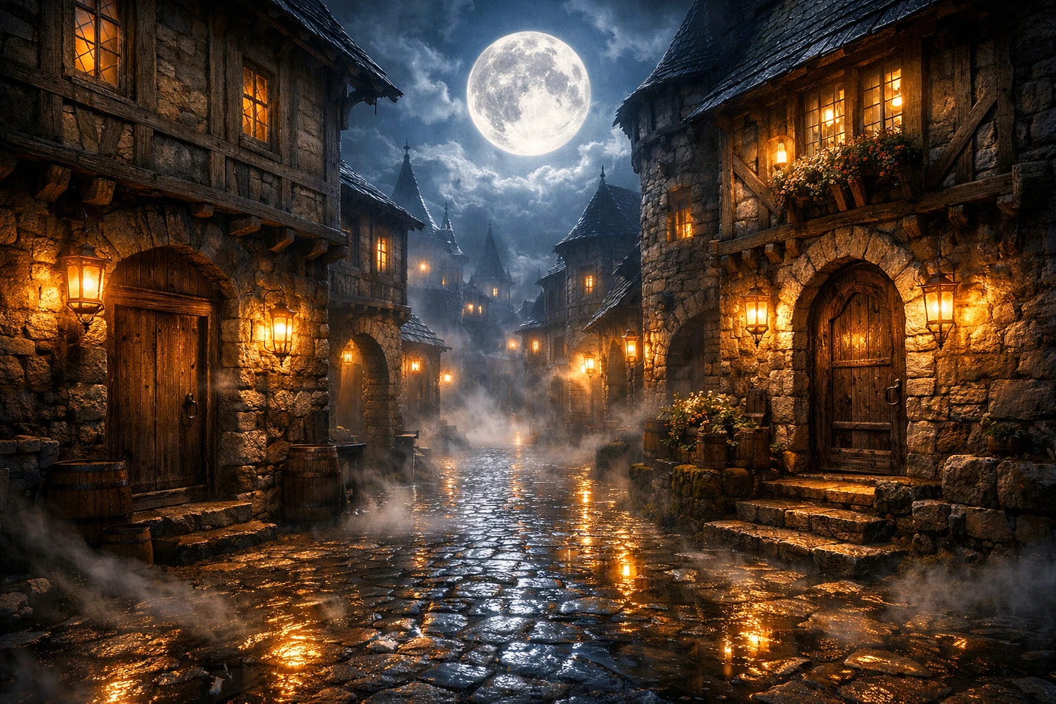 Strada medievale acciottolata sotto una luminosa luna piena