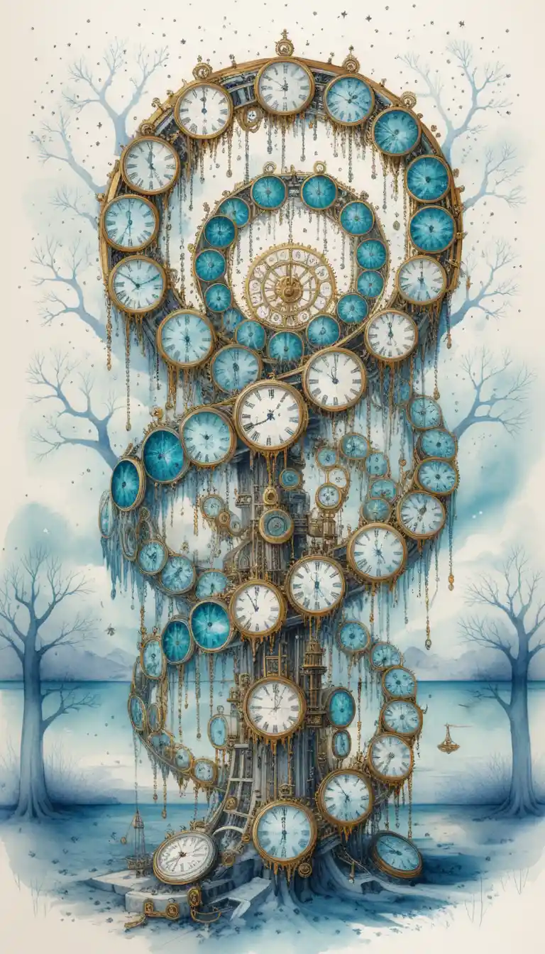 Surreal steampunk time machine with cosmic watercolor background