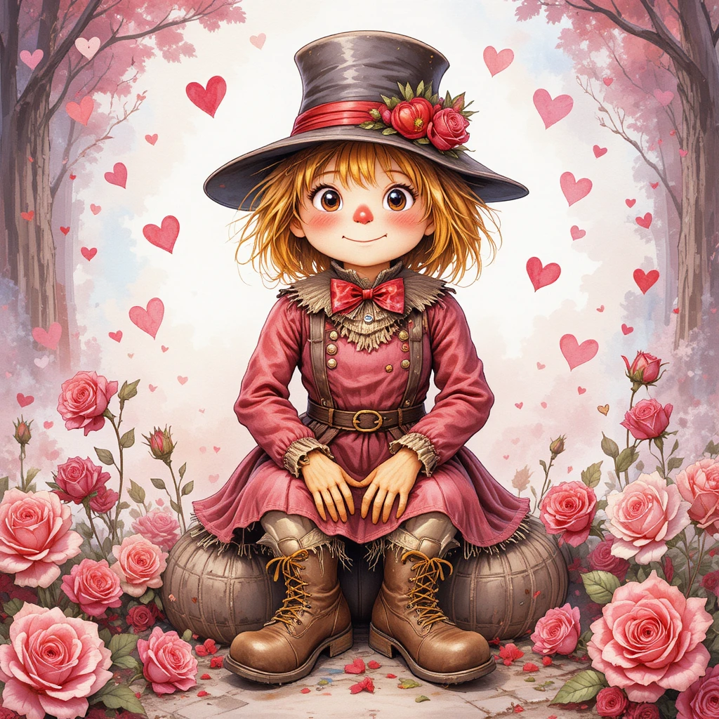 Adorable épouvantail en tenue de Saint-Valentin avec cœurs et roses