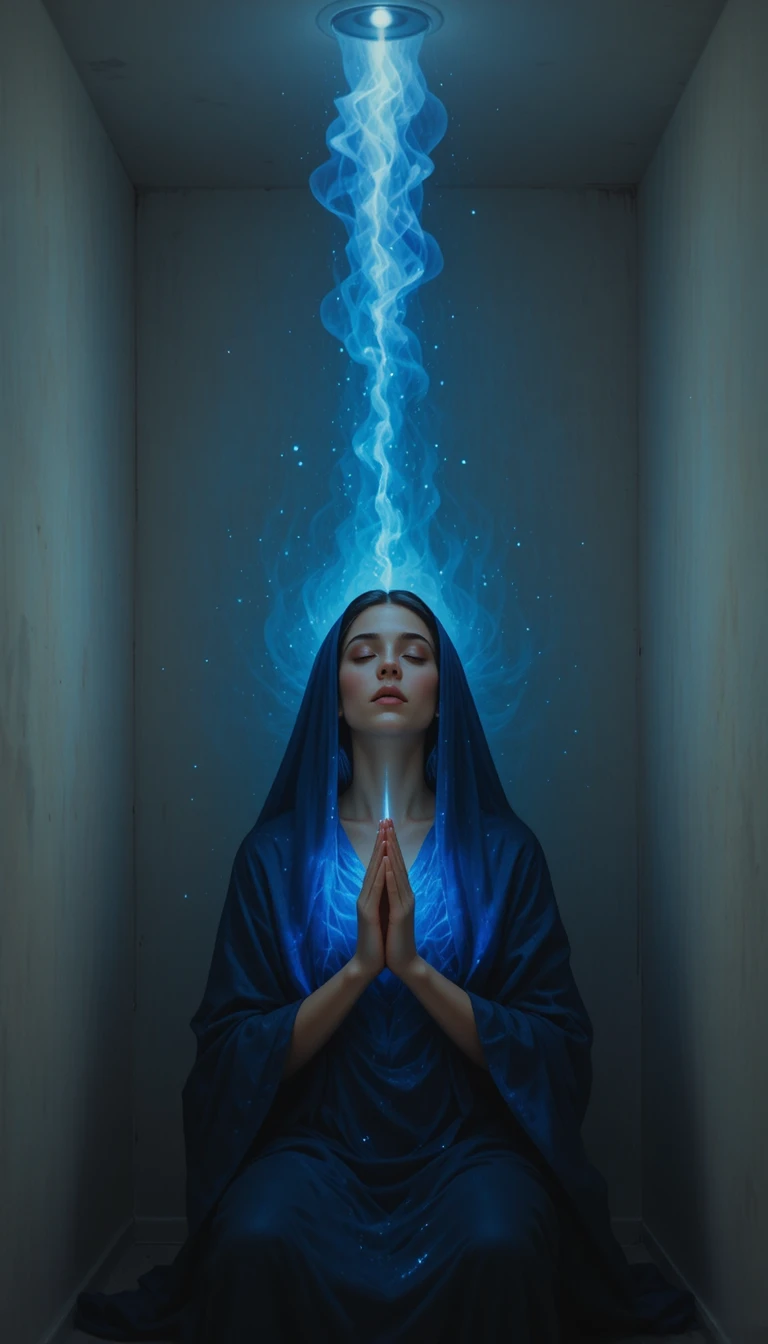 Kneeling girl praying before a luminous spiritual figure