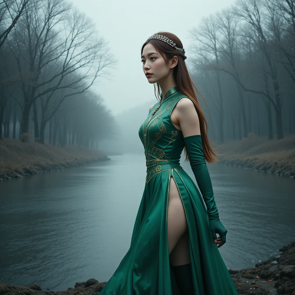 Korean woman in emerald leotard by a misty forest river