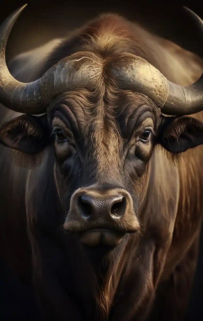 Majestic water buffalo portrait with dramatic curved horns