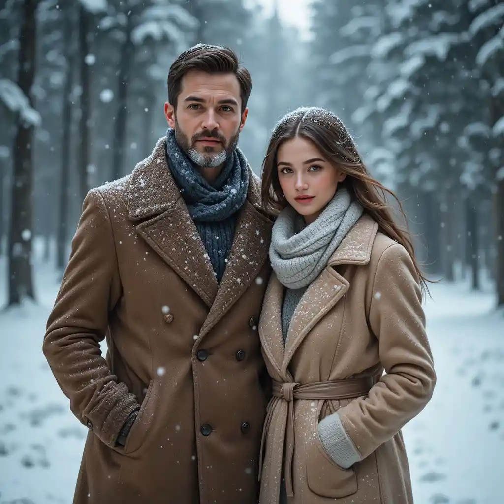 Elegant couple standing together in a snowy winter forest