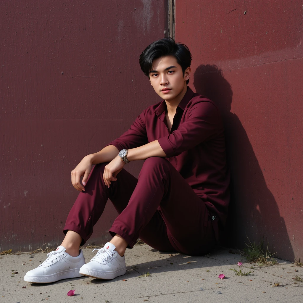 Joven con atuendo rojo sentado junto a una pared color vino