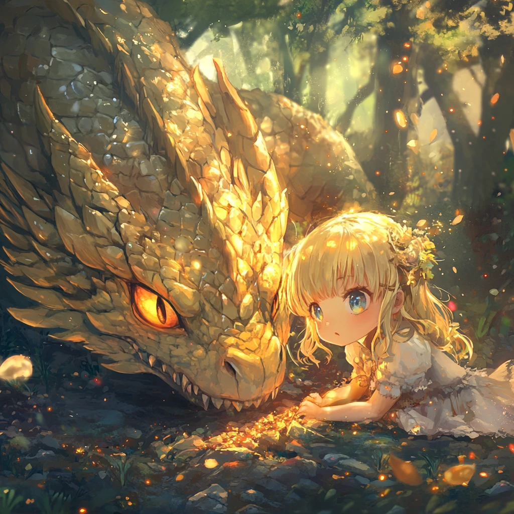 Chibi anime girl with dragon at a forest shrine