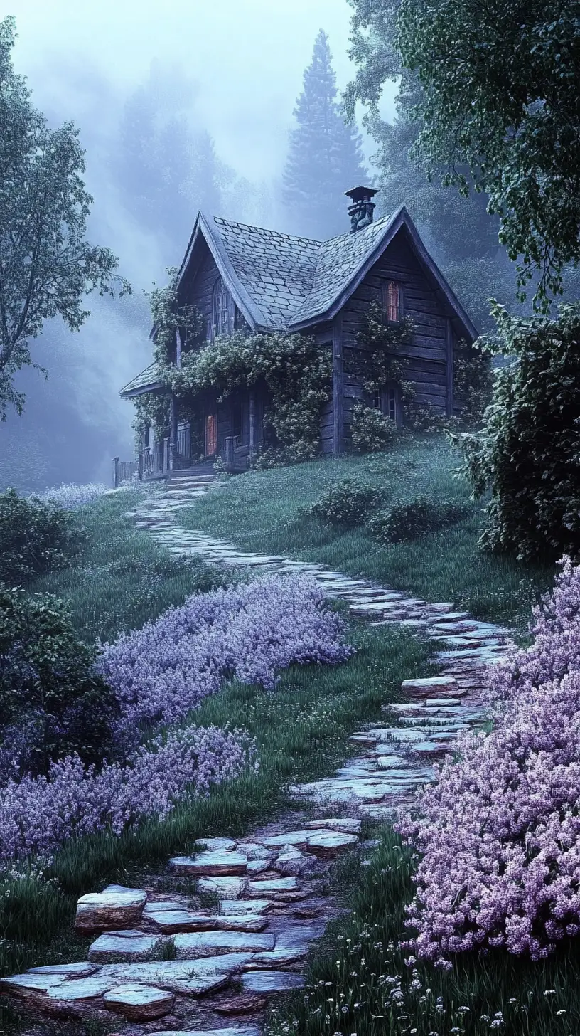 Ivy covered wooden house on a moonlit foggy hillside