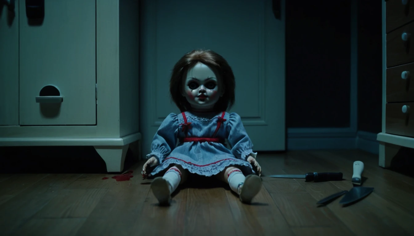 Creepy doll with knife in dimly lit child bedroom