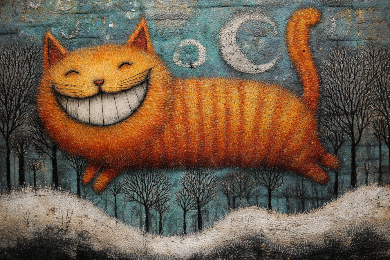 Laughing cat sliding downhill in a giant wool sock