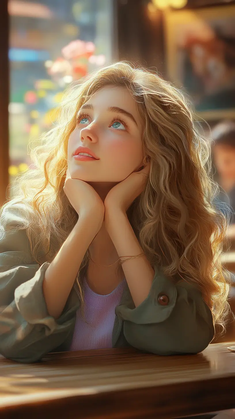 Dreamy blonde girl in sunlight at a quiet cafe