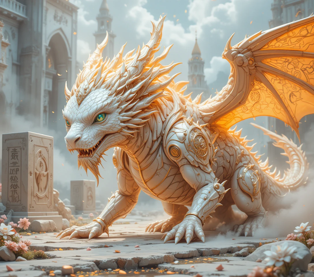 Fierce dragon guardian beside a rune carved sandstone block