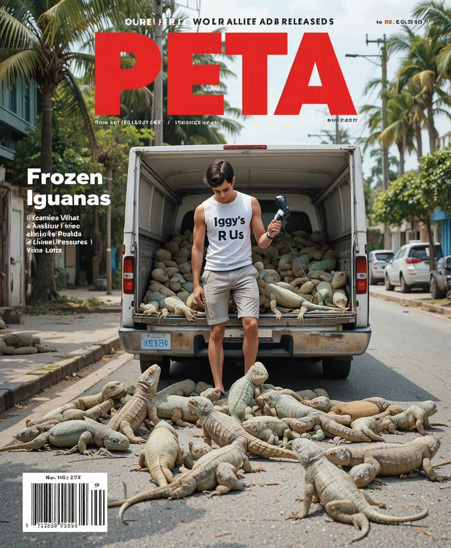 Man loading iguanas into a truck on a tropical street