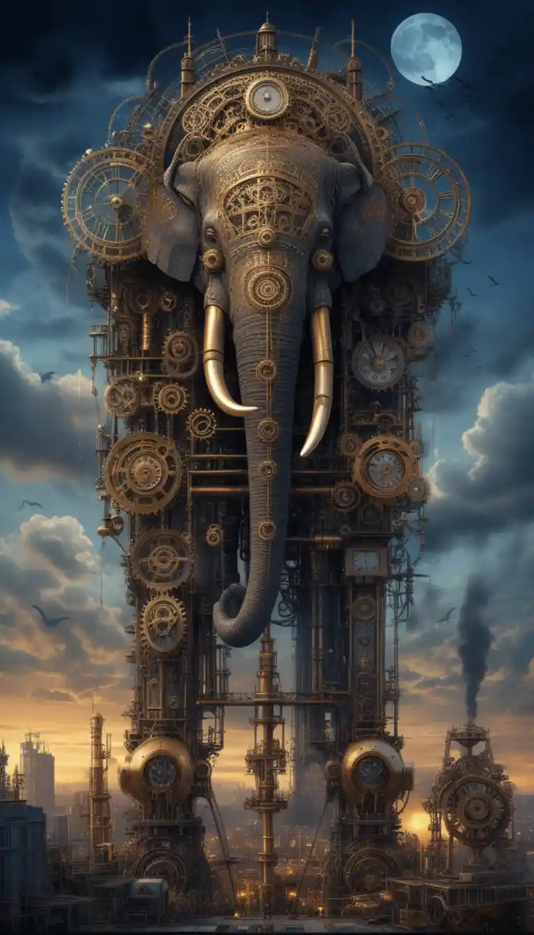 Gigantesco elefante meccanico steampunk sotto un drammatico cielo illuminato dalla luna