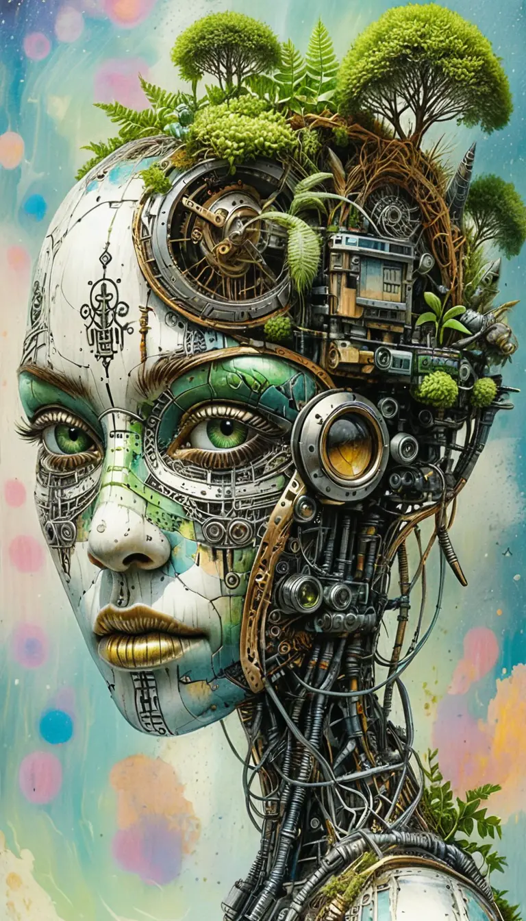 Surreal biomechanical android head merging forest and machinery