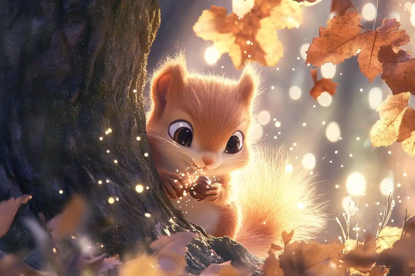 Baby red squirrel with glowing acorns under oak tree