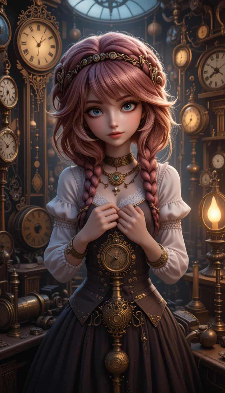 Steampunk-Frau repariert Uhrwerk in einem viktorianischen Laden