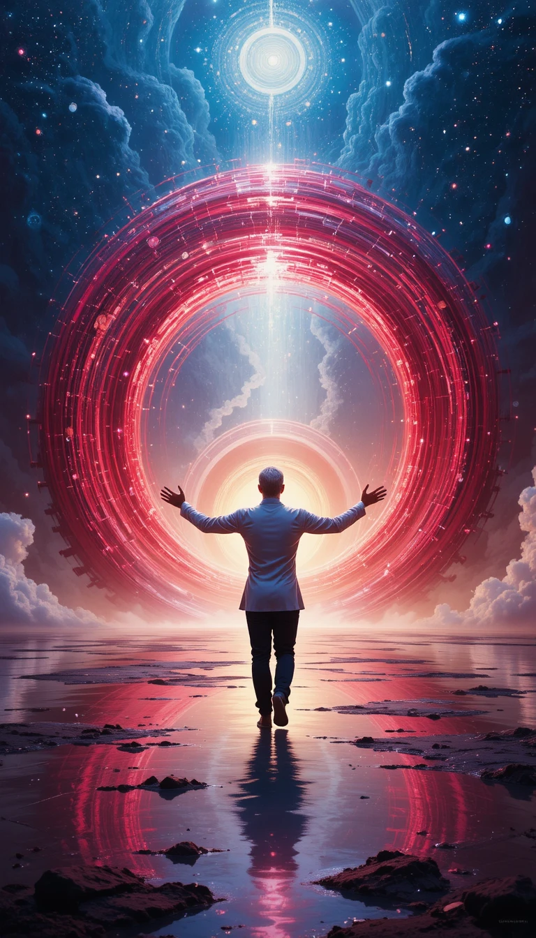 Spiritual mentor with arms extended before a glowing portal