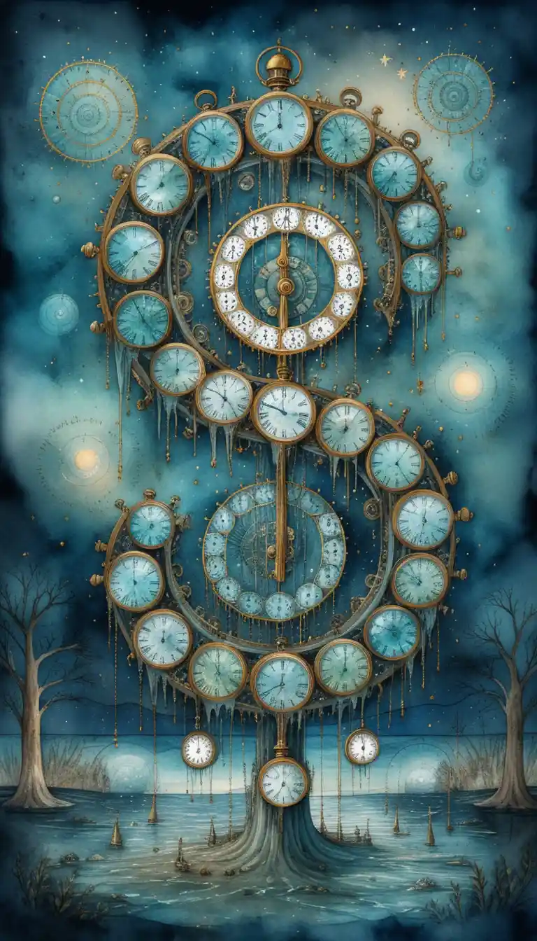 Surreal steampunk time machine with glowing cosmic eye