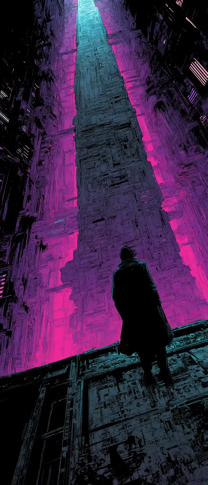 Lone silhouette atop a colossal megastructure at night