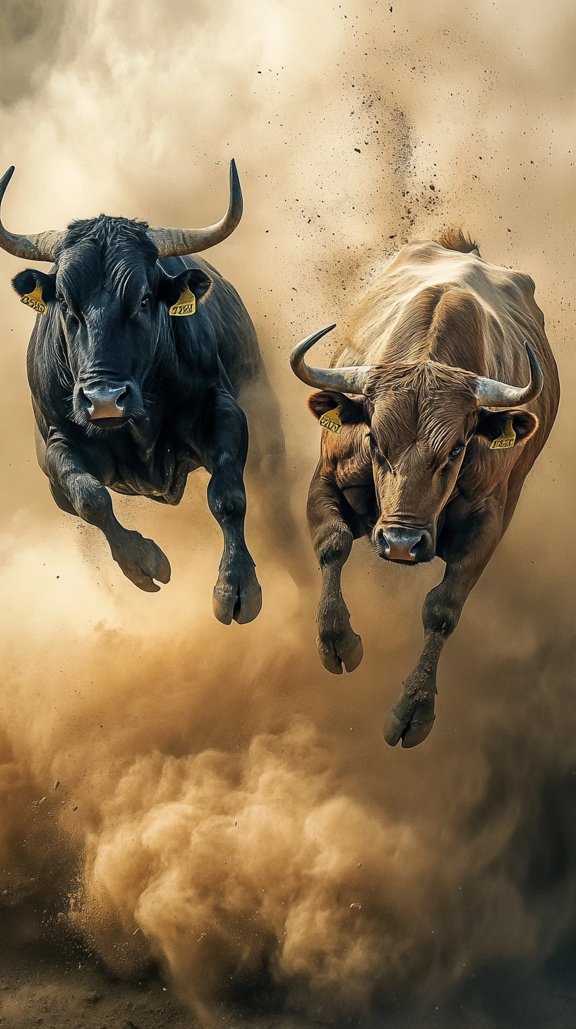 Two bulls colliding in mid air in a cloud of dust