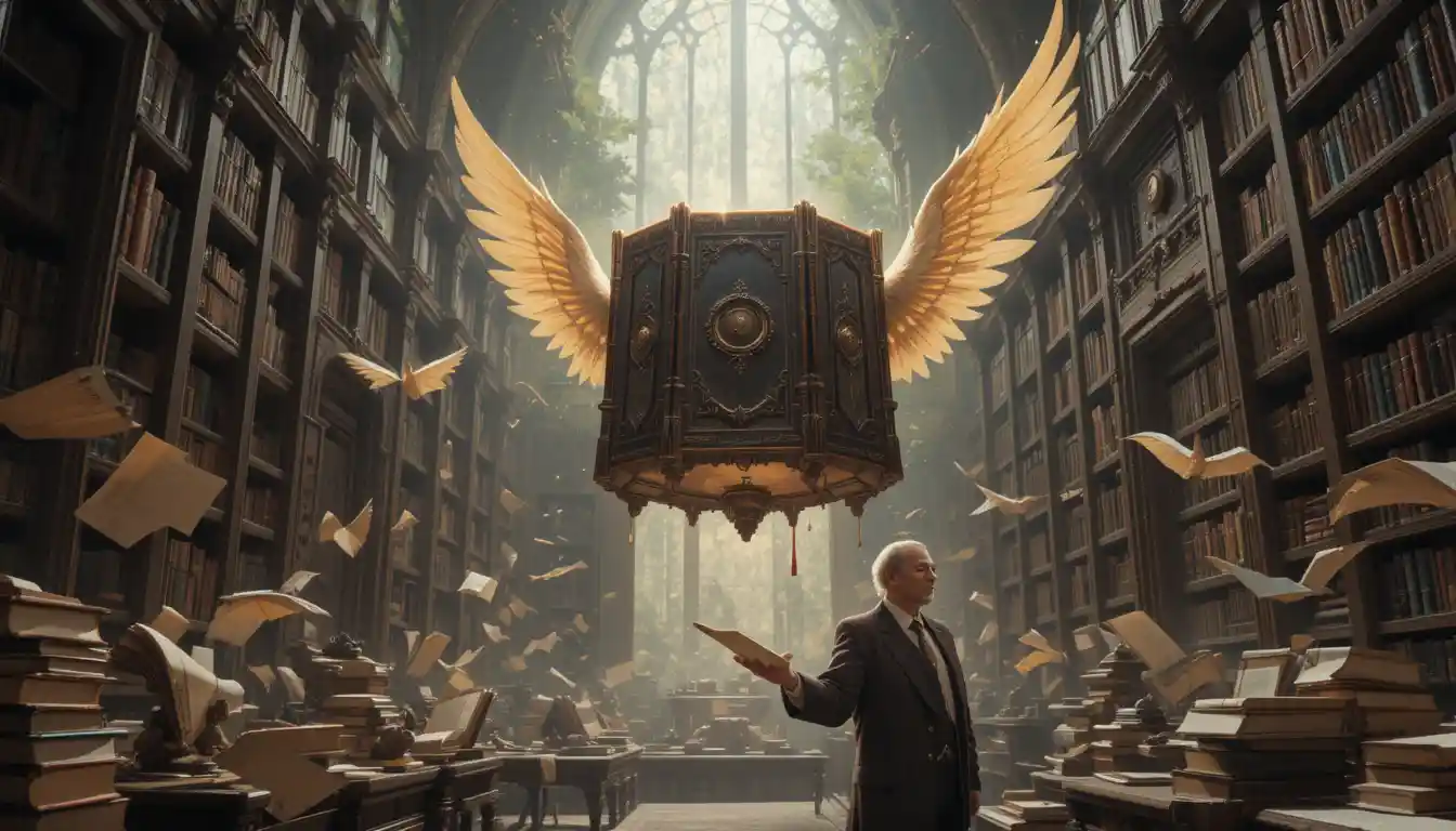 Sabio bibliotecario con libros voladores en una biblioteca resplandeciente