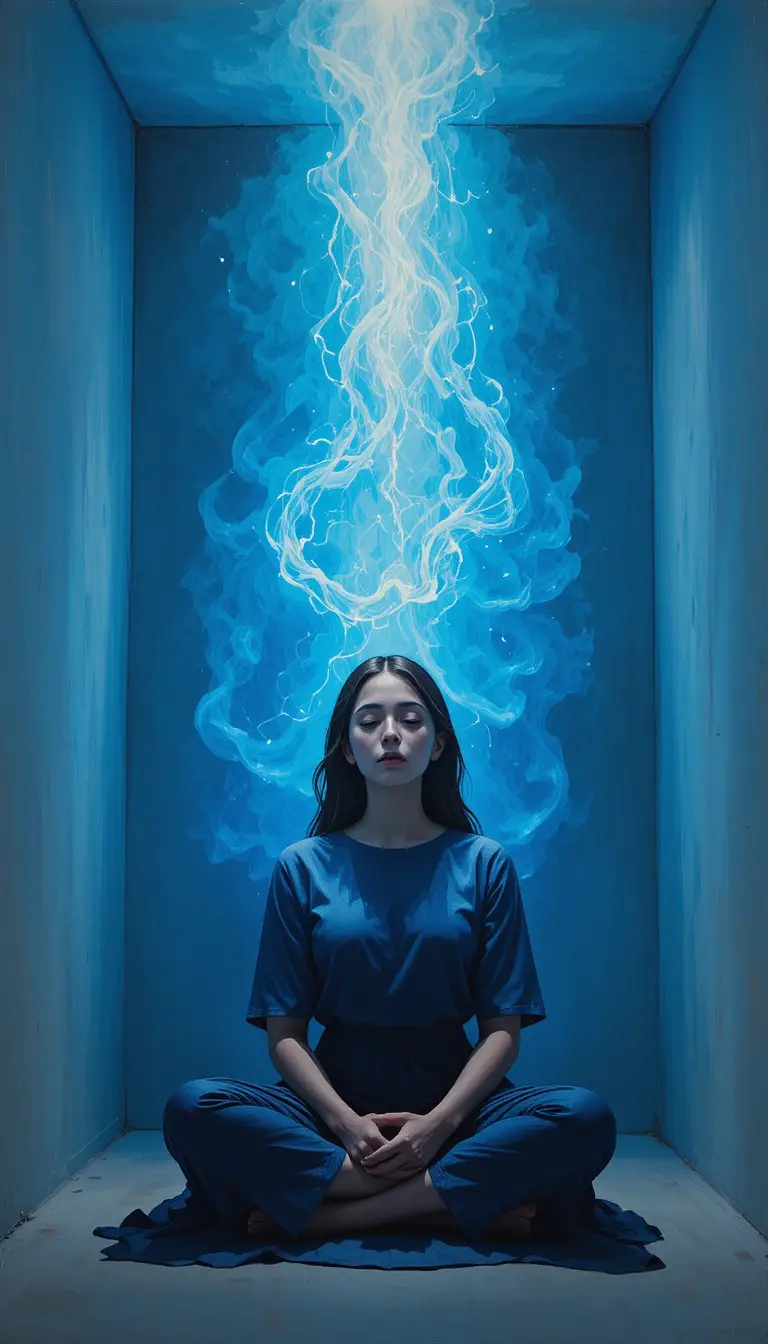 Chica arrodillada rezando ante una figura espiritual luminosa
