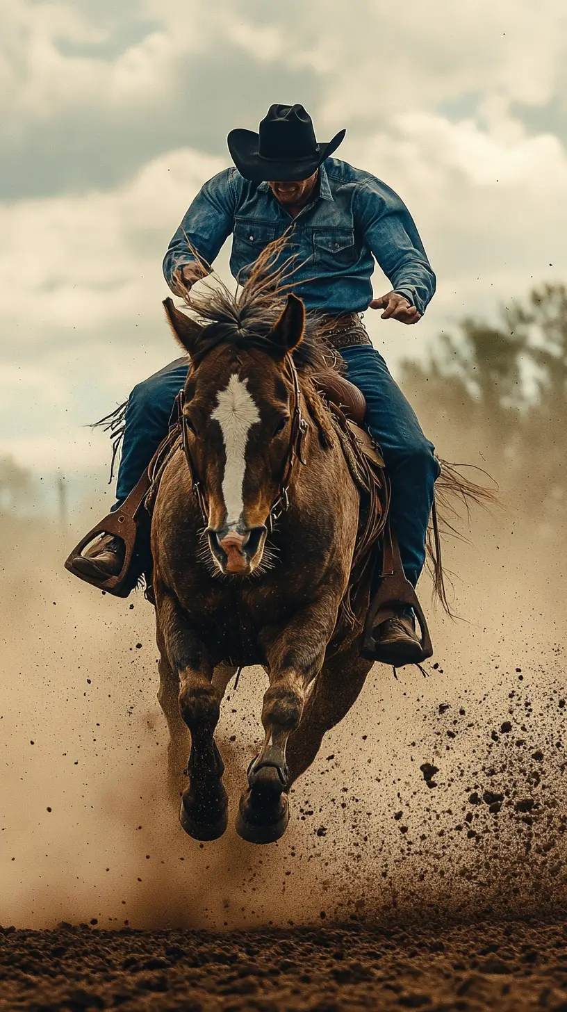 Bronco cowboy thrown from bucking horse in dusty rodeo arena