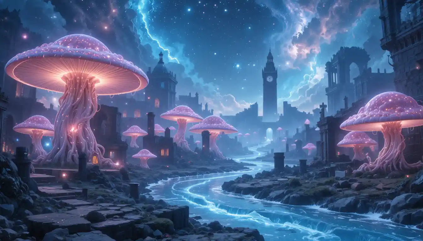Surreal fantasy ruins with glowing mushrooms and clock tower