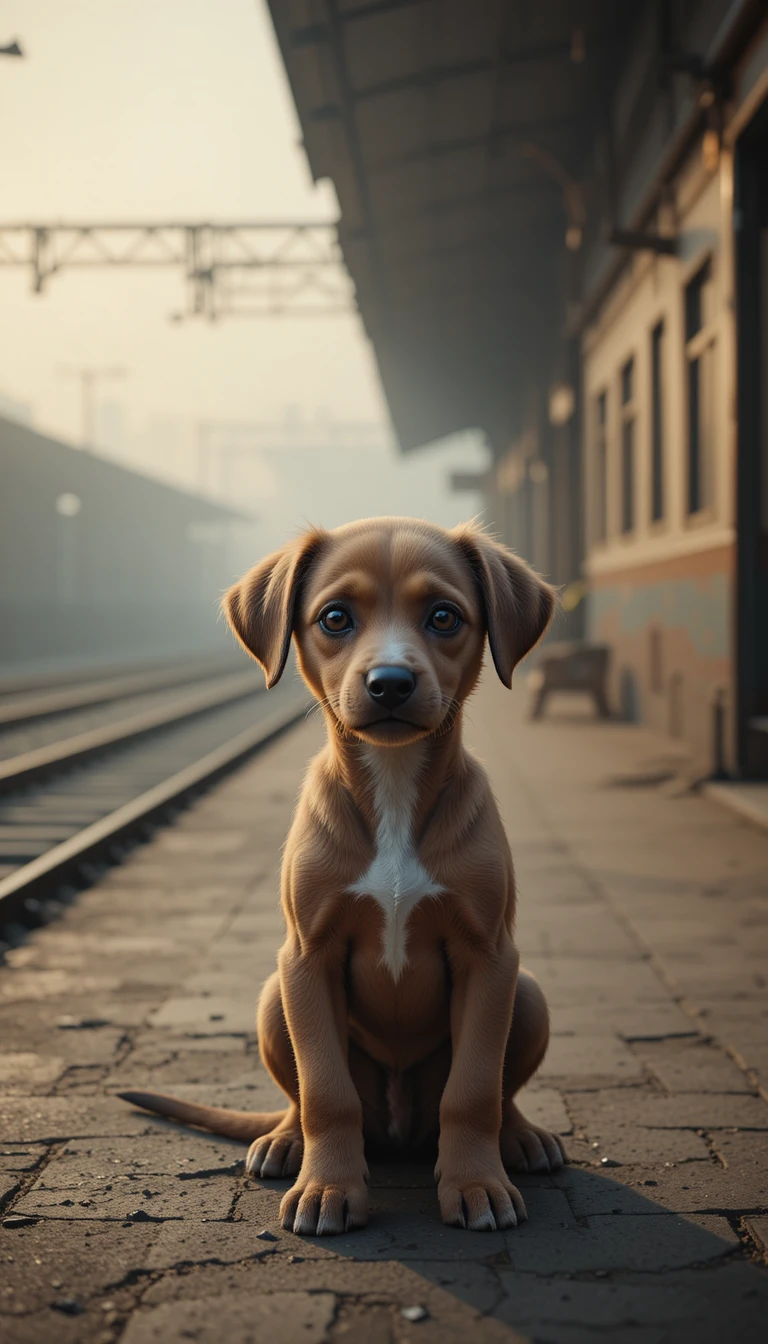 Lonely brown puppy at a foggy Indian railway platform