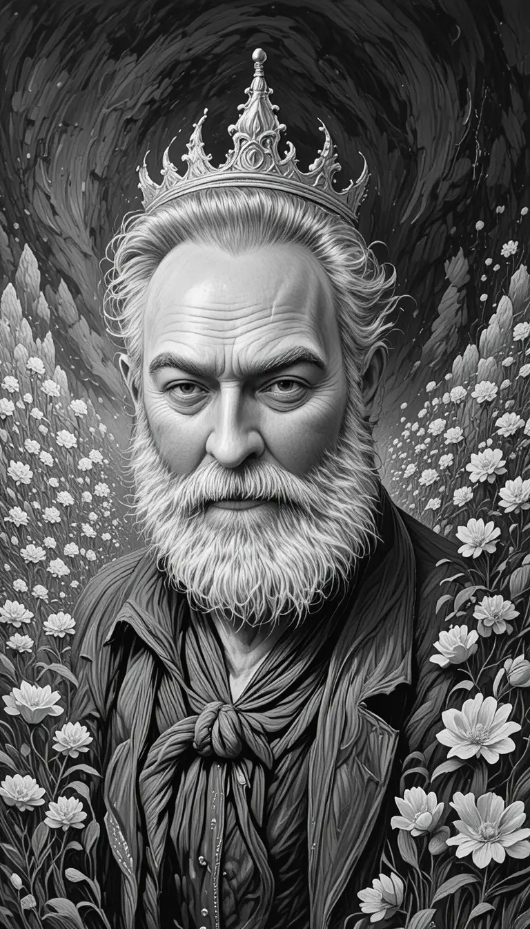 Melancholic old king portrait in black and white drawing