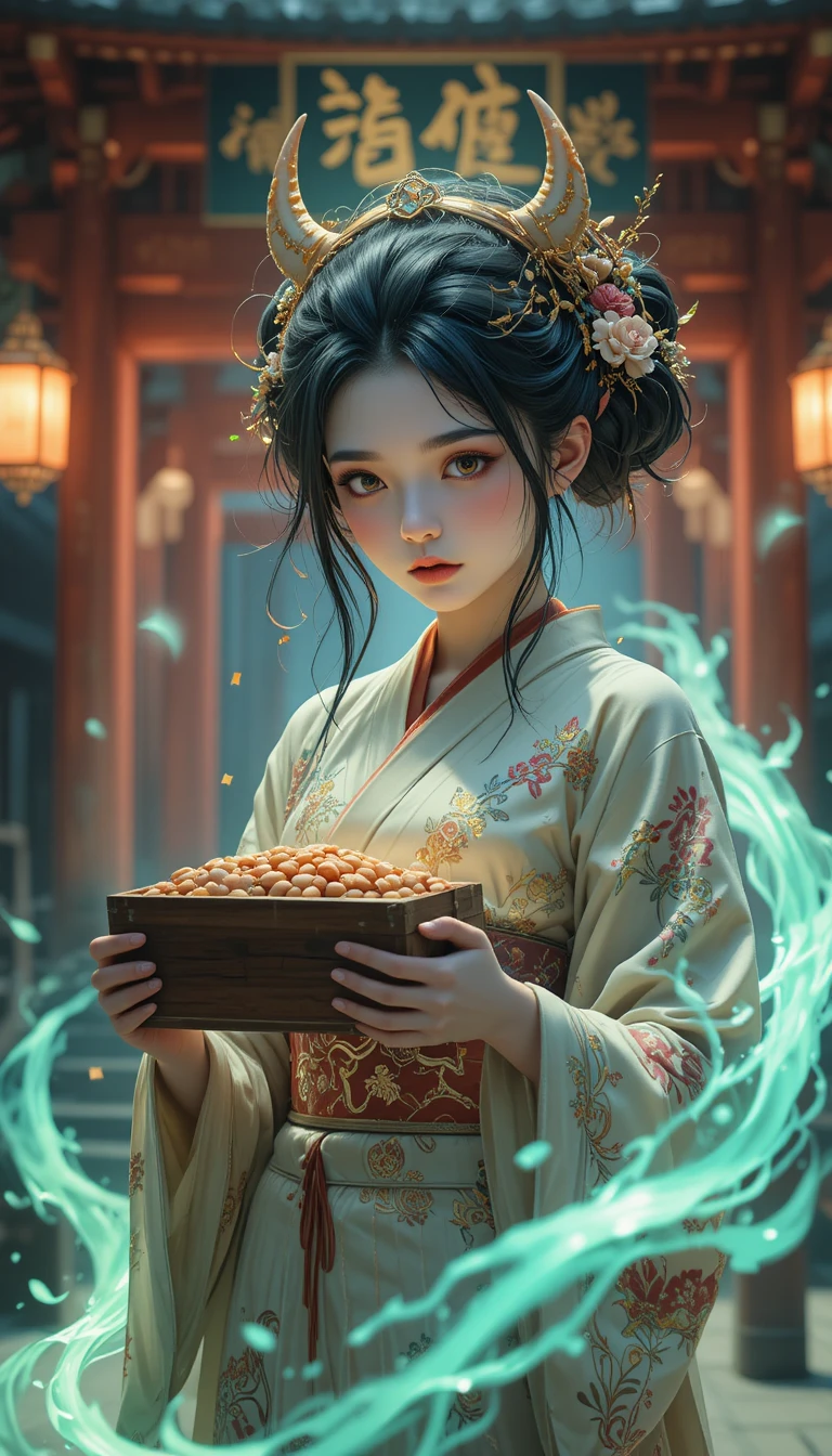 Demon woman in kimono at glowing night shrine