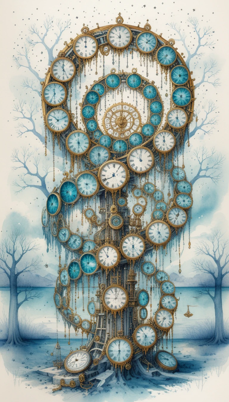 Máquina del tiempo steampunk surreal con fondo cósmico en acuarela